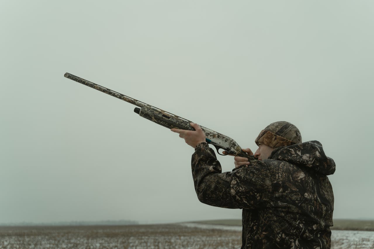 about-us Hunter in camouflage aiming a shotgun in an open field, ready for hunting.